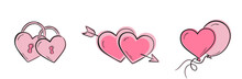 Valentine Couple Icons. Pink Hearts With Arrow, Padlock Locked Hearts And Heart Balloon. Love And Romantic Symbols