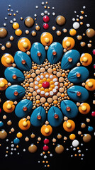 Wall Mural - Close-up on colorful mandala, ornate geometric pattern with point dots in orange and cyan on dark background.