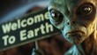 Green Alien with Large Eyes Welcoming Visitors to Earth with a Sign