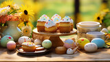Fototapeta Storczyk - Traditional Easter pastries Easter cake and painted eggs