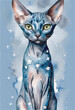 Gorgeous watercolor illustration of an egyptian cat full of stars