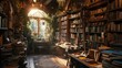 A magical bookshop with ancient books, hidden nooks, and a whimsical atmosphere