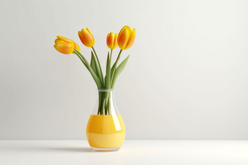 Wall Mural - minimalistic flower composition. yellow tulip in a vase on a white background, space for a text