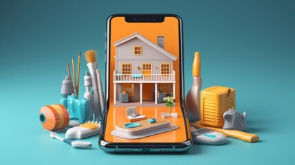 Wall Mural - Effortless Home Management: Transform Your Space with a Tap - 3D App for Cleaners and Handymen on a Smartphone