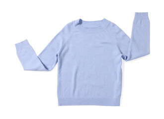 Wall Mural - Stylish light blue sweater isolated on white, top view