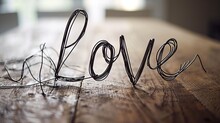 The Word Love Sclupted With Metal Wire On A Wood Table
