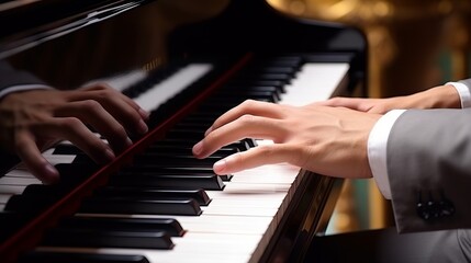 Wall Mural - Harmonious Melodies: Captivating Hands Dancing Across the Ivory Keys of a Grand Piano