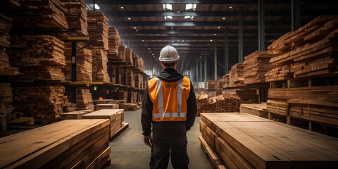 Wall Mural -  Worker from back in timber and wood warehouse in reflective west 