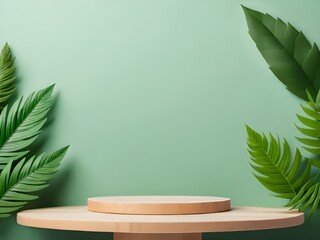 Sticker - Wooden podium with leaves and shadows.