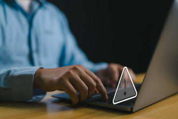 Poster - User working on laptop computer with triangle caution warning sign for notification error and maintenance concept, computer virus detected, personal data protection, network security.