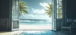 Tropical paradise. Serene beach scene with azure waters and palm trees. Summer escape. Idyllic oceanfront view with sandy shore and lush palms. Sunset vibes. Relaxing beachfront getaway in island