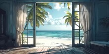 Tropical Paradise. Serene Beach Scene With Azure Waters And Palm Trees. Summer Escape. Idyllic Oceanfront View With Sandy Shore And Lush Palms. Sunset Vibes. Relaxing Beachfront Getaway In Island