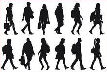 People Walking Silhouette Icon Set, Group Of Business People Walking Silhouette 