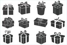 Gift Box Flat Line Silhouette, Set Of Gift Box Silhouette, Birthday, Anniversary