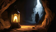 Halloween background with ghost and lantern in cave. Ghost tour adventures