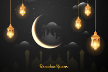 Ramadan Kareem Islamic Background Of Lanterns, Moon And Clouds.