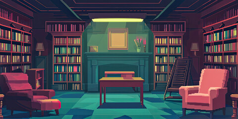 Wall Mural - Vintage video game style computer graphics book shelf, library background, literature, reading, generated ai