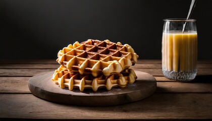 Delicious sweet belgian waffle on wood table with black background