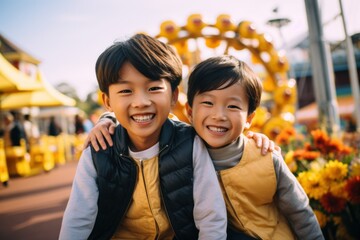 Siblings Enjoying a Sunny Day at an Amusement Park
