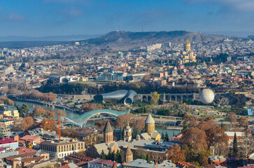 Wall Mural - Kura river, Bridge of Peace and  Dzveli Tbilisi scenic view from Narikala fortress walk