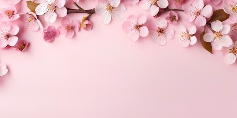 Wall Mural - Banner with Sakura flowers on light pink background. Greeting card template for Wedding, mothers or woman day. Springtime composition with copy space. Flat lay style 