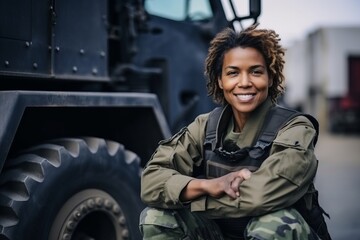 Wall Mural - Portrait of smiling female soldier standing with arms crossed in front of truck