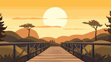 Simplicity And Rustic Charm Of A Pedestrian Bridge In A Vector Scene Featuring A Bridge Designed For Foot Traffic. Illustrate The Intimate Connection Between Pedestrians And Nature