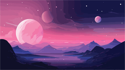 Wall Mural - tranquility of a cosmic landscape with a vector scene illustrating a serene view of distant planets 