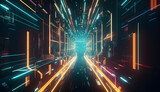 Fototapeta Do przedpokoju - futuristic sci-fi background with neon lights and reflective tunnel motion patterns