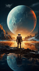 an astronaut walks in his space suit on a distant planet. outer space