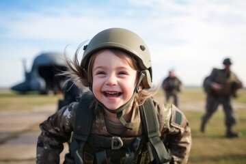 Wall Mural - Portrait of a little girl playing on airfield with military equipment