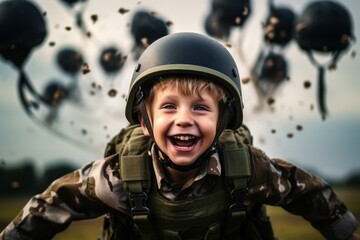 Wall Mural - Portrait of a little boy in a military helmet against the background of flying balloons