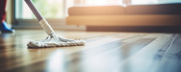 Wall Mural - Close up photo of young woman cleaning floor with a wet mop.