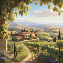Digital Painting Of A Tuscany, Italy Landscape With A Vineyard Ai Generated