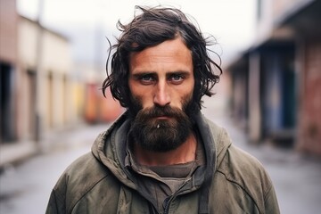 Portrait of a man with long hair and beard in urban background