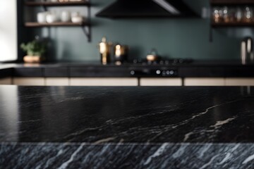 Interior of a kitchen. Marble black table in kitchen for product placement.