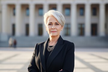 Poster - Portrait of a senior business woman in a black suit outdoors.