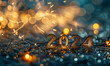 guirlande électrique formant la date de la nouvelle année 2024 brillante et dorée à paillette sur fond bleu foncé festif avec bokeh, pour célébration du nouvel an. Espace négatif texte.