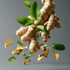 Flying fresh ginger root, green leaves isolated on gray background. Creative food concept. Natural organic ginger for health, medicine, protection against colds. Spice for cooking, ginger to immunity