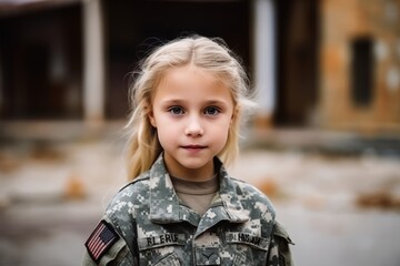 portrait of a little girl in a military uniform. selective focus.