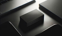 Close Up Of Black Business Card Stack With Reflective Surface. Dark Elegant Branding Generative AI