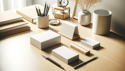 Canvas Print - Organized desk with stationery and blank business cards. Office supplies and branding concept Generative AI