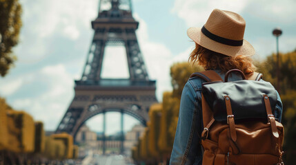 back view of female tourist with hat and backpack looking at eiffel tower in paris. wanderlust conce