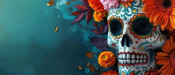 Wall Mural -  a close up of a skull with flowers on it's head and in the background is a blue wall.