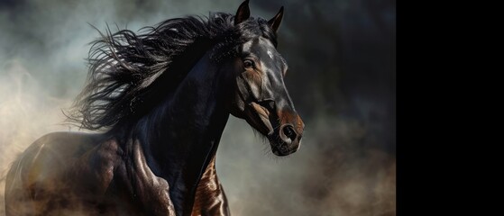 Poster -  a painting of a black horse with a brown mane and a black and white stripe on it's face.