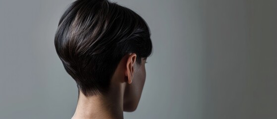 Poster -  the back of a woman's head with a short, straight, black hair styled in a low bun.