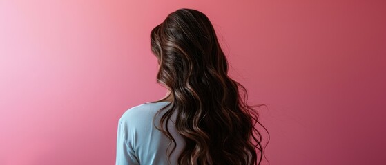 Wall Mural -  a woman standing in front of a pink wall with her long brown hair in a pony tail style pony tail.