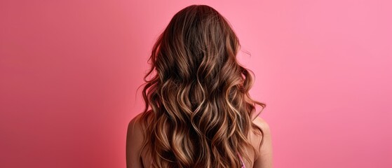 Canvas Print -  the back of a woman's head with long, wavy hair in front of a pink background, against a pink wall.