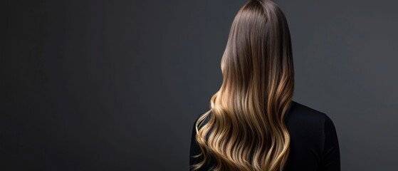 Canvas Print -  the back of a woman's head with long, shiny, blonde hair in front of a dark background.