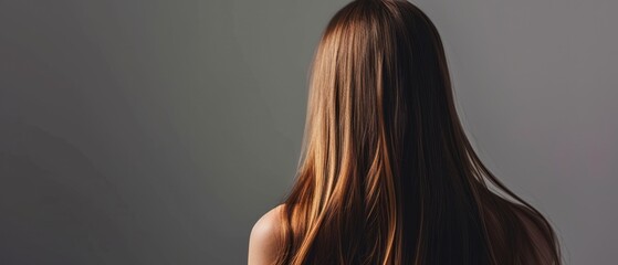 Wall Mural -  the back of a woman's head with long, straight, shiny, red hair in front of a gray background.